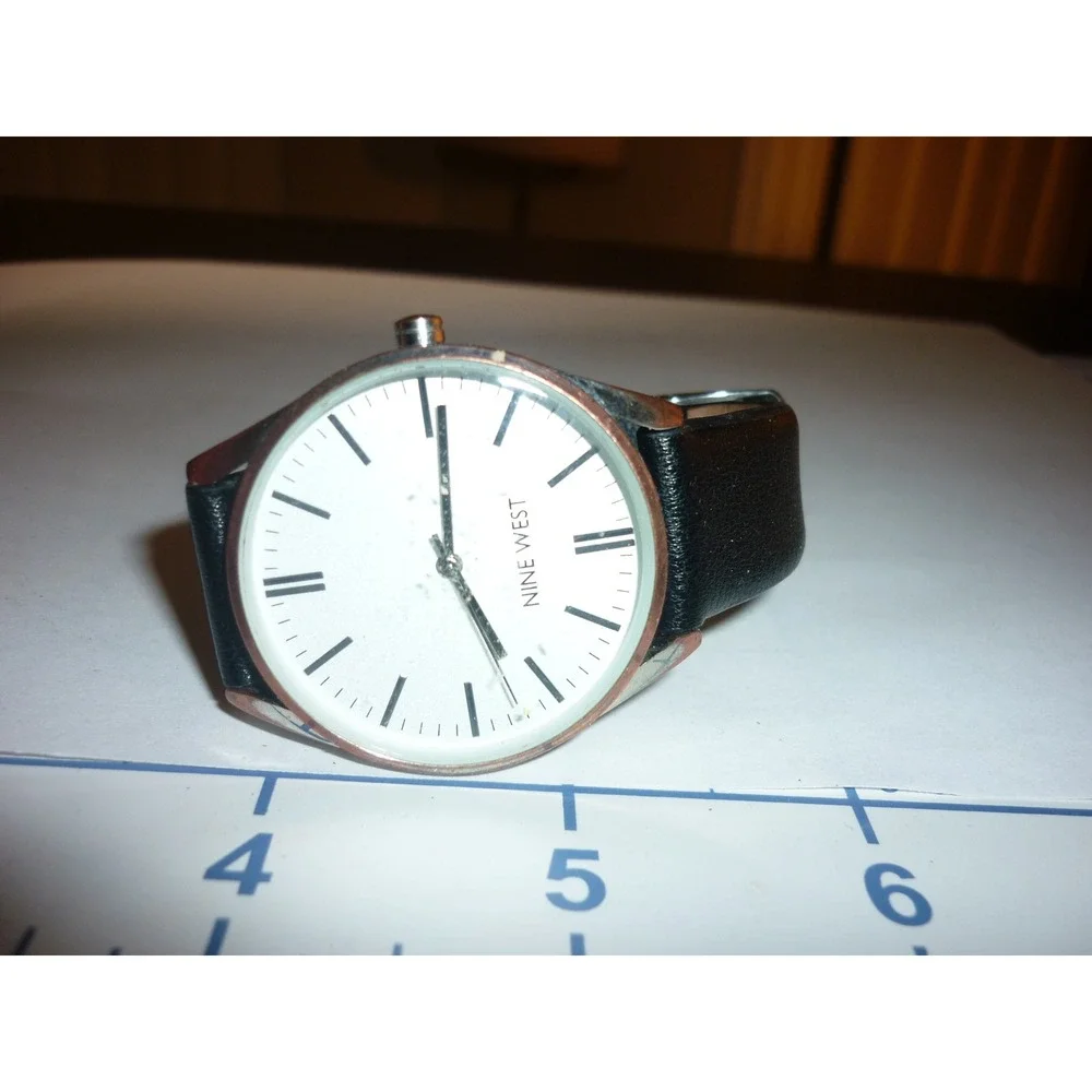 Nine West Analog Watch White Face Black Leather Band Silver‎ Tone Case Quartz